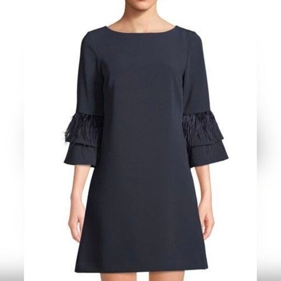 NWT Tahari Navy Feather Trim Bell Sleeve Shift Dress Size 4 - Picture 1 of 11